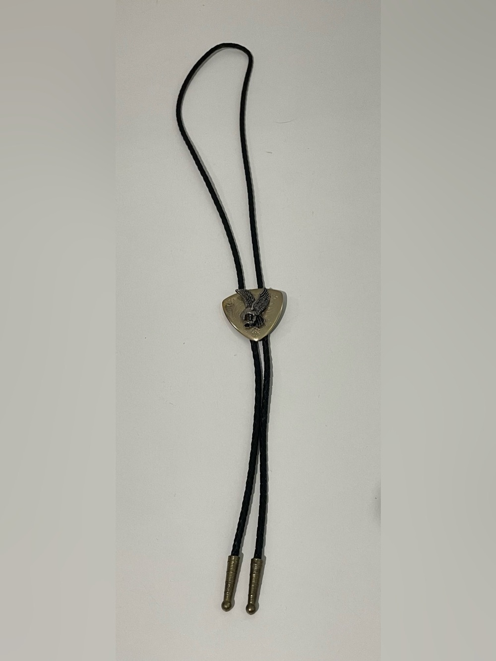Vintage Western Bolo Tie Gold Tone Eagle Engraved Slide Black Cord Tie 18”